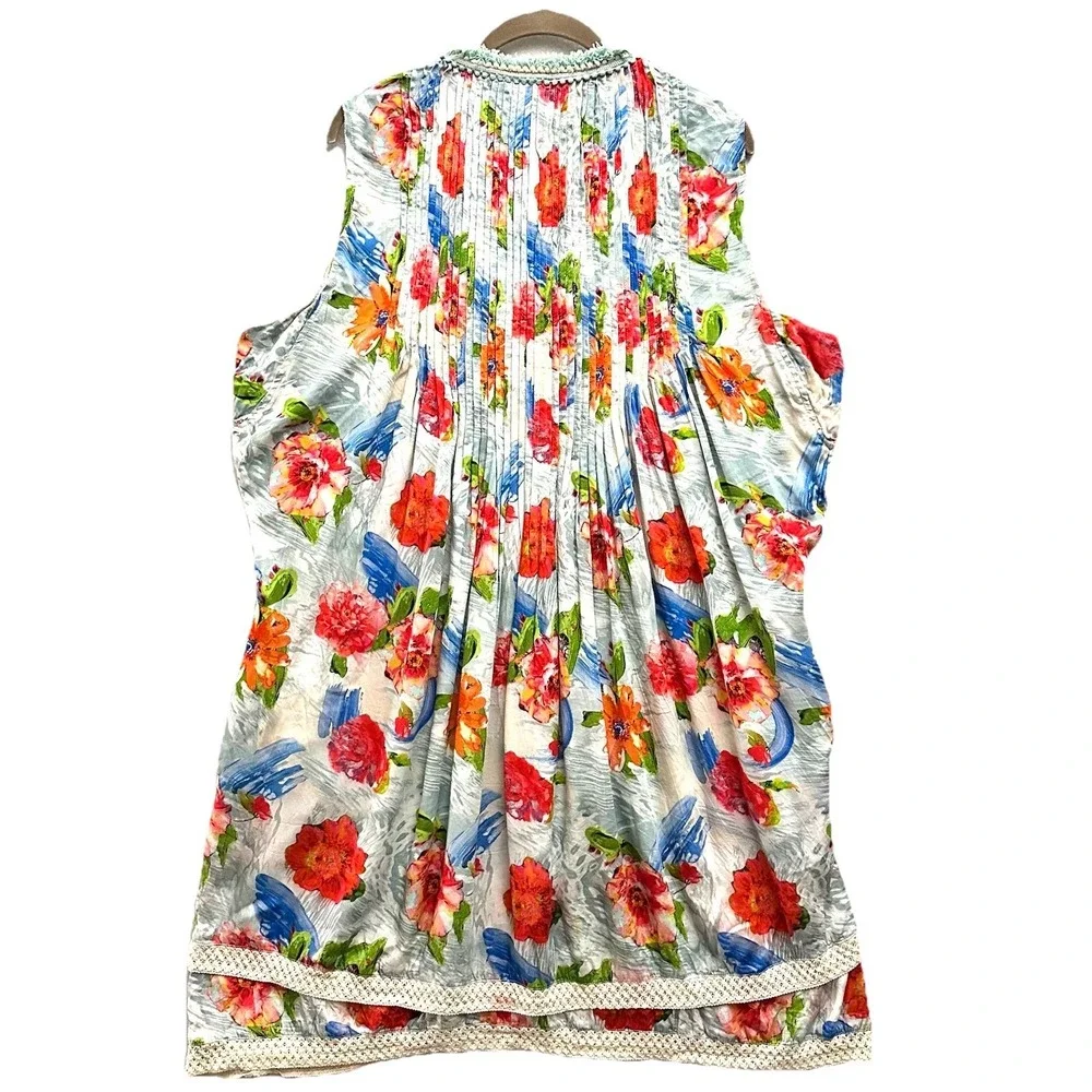 Tolani Floral Dress XL Pintuck Tiered Pockets Crochet Sleeveless Lightweight